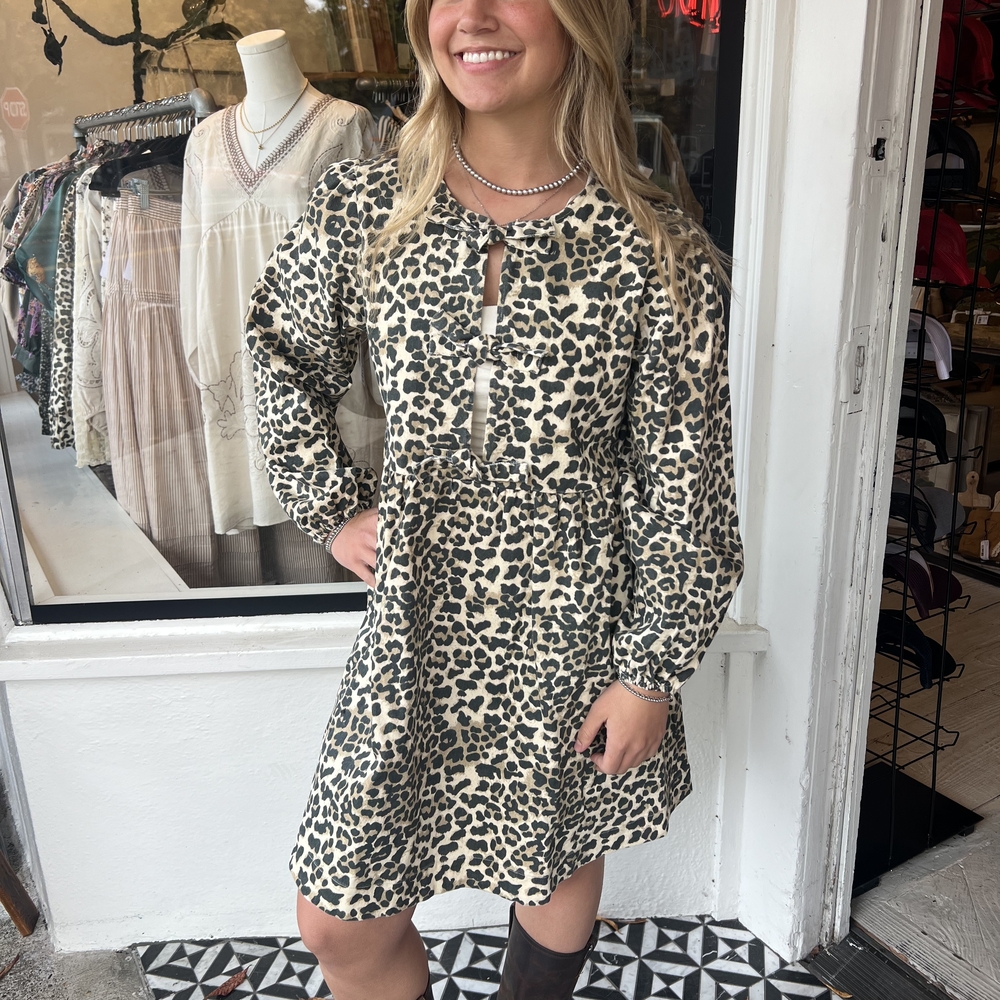 Aaron & Amber Leopard printed bow tie babydoll dress